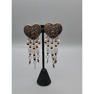 Floral Heart Dangling Faux Pearl Clip-on Earrings Irridescent Bead Stars Vintage